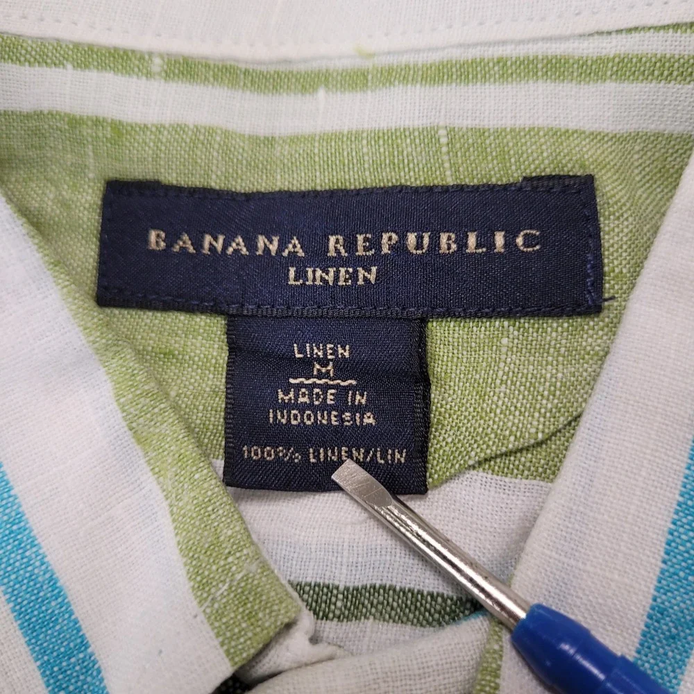 Banana Republic Mens Med Green White Blue Striped 100% Linen Short Sleeve Shirt